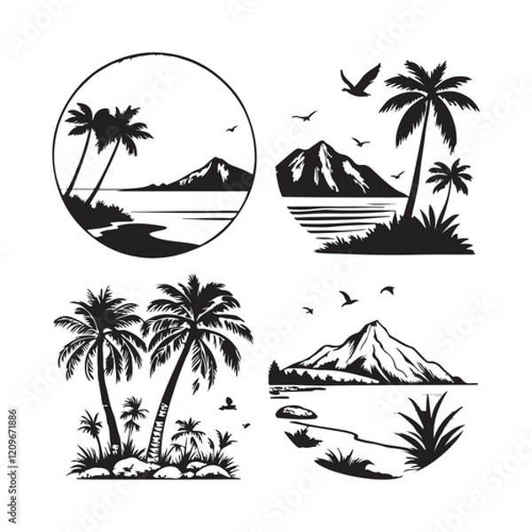 Fototapeta Set of Black and White Tropical Island Scenery Illustrations
