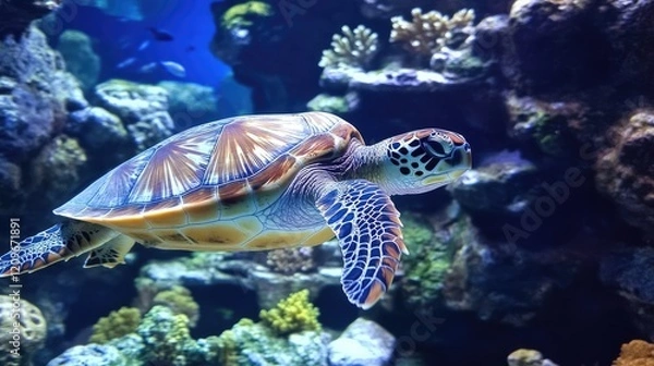 Obraz Sea turtle gliding through vibrant coral reef ecosystem in crystal clear water underwater surroundings