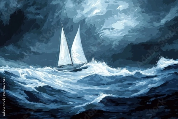 Fototapeta Sailboat Navigating Tempestuous Ocean Waves