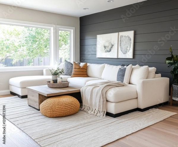Obraz Modern rustic living room featuring a cream sectional, chunky knit throws, and a warm gray accent wall with soft lighting