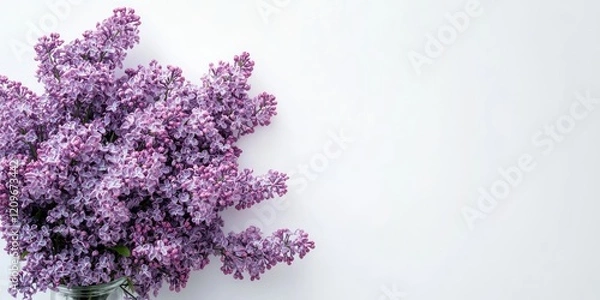 Fototapeta Vibrant purple lilac flowers in a clear vase positioned on the left against a white background featuring ample spacing for text or product placement