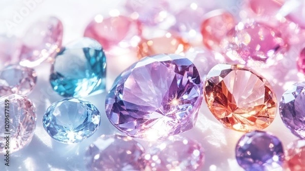 Fototapeta Sparkling Assortment of Soft Colored Gems on Bright White Background