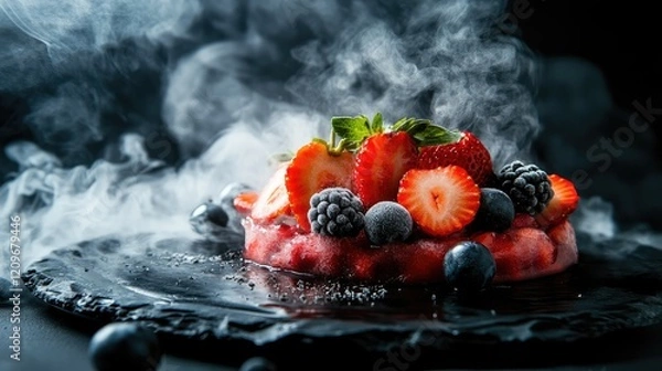 Fototapeta Sizzling dry ice dessert with strawberries and assorted berries on a dark slate plate creating a dramatic culinary presentation