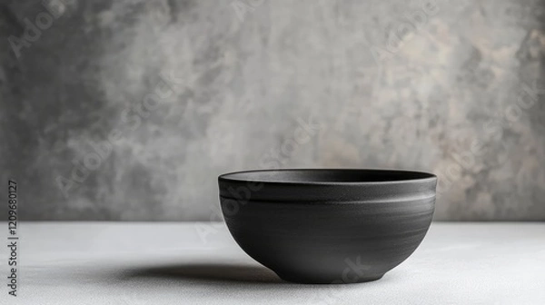 Fototapeta Matte Black Ceramic Bowl Positioned on Light Gray Surface with Textured Gray Backdrop