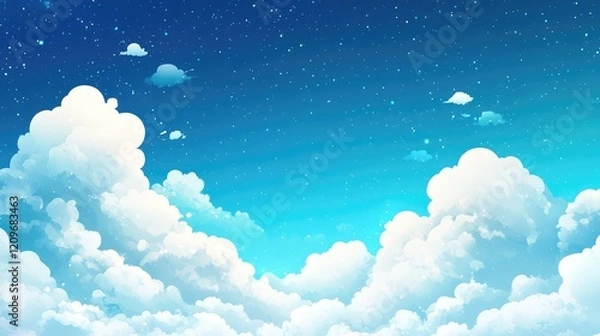 Fototapeta Bright Blue Sky with Fluffy White Clouds and Soft Gradient Background, Ideal for Illustrations and Digital Designs in Tranquil Settings