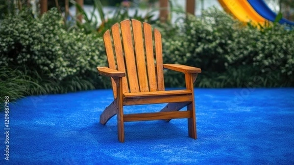 Fototapeta Adirondack wooden chair on vibrant blue carpet in a serene outdoor setting ideal for relaxation and leisure activities surrounded by greenery