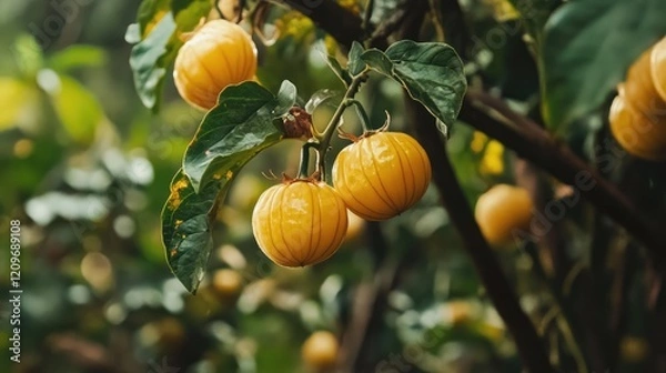 Obraz Ripe star gooseberry fruits hanging from lush green branches in a tropical setting showcasing their vibrant yellow color.