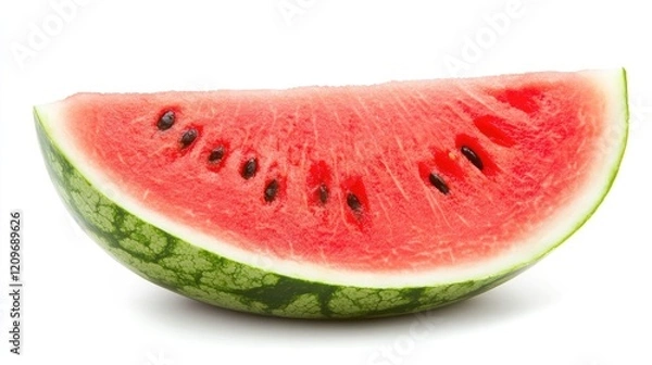 Fototapeta Fresh slice of watermelon showcasing vibrant red flesh and black seeds isolated on a clean white background for summer culinary designs.