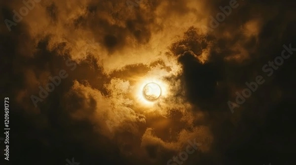 Fototapeta Dramatic Solar Eclipse Illuminating Amidst Dark Ominous Clouds with Radiant Sunlight Filtering Through in a Fiery Orange and Black Sky