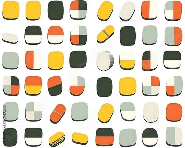Fototapeta Colorful pills and capsules arranged in grid.