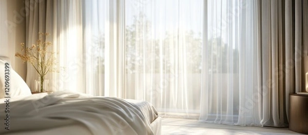 Fototapeta Elegant bedroom with sheer curtains softly diffusing light, creating a cozy and bright ambiance for a serene living space.