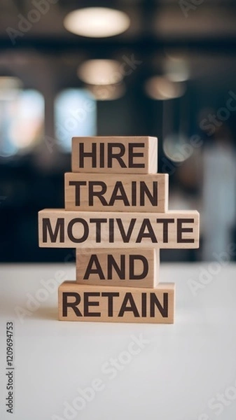 Obraz Four wooden blocks stacked on a white surface read "HIRE TRAIN MOTIVATE AND RETAIN" in sans-serif font. A blurred indoor background emphasizes the clear HR message, ideal for business or motivational 