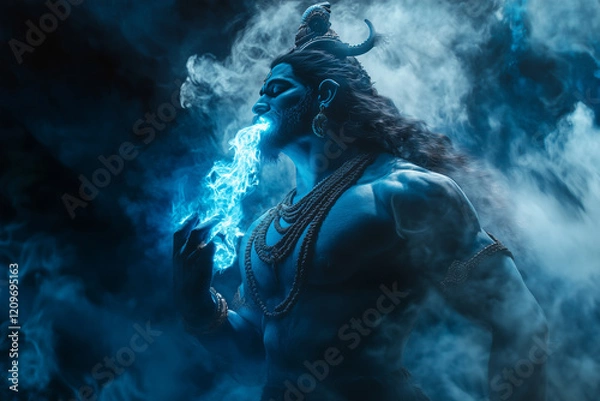 Fototapeta A dramatic representation of Shiva drinking poison (Halahala) during the churning of the ocean (Samudra Manthan)