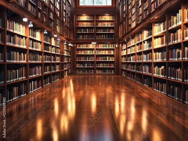 Fototapeta Traditional library hall with warm lighting, polished wood floors, and tall shelves filled with books. A serene study space.