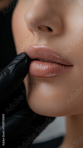 Fototapeta Close-up of a woman's lips and chin with glossy, swollen lips, supported by a hand in black gloves in a clinical aesthetic setting