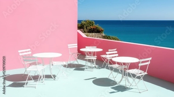 Fototapeta A serene pink and white patio featuring elegant tables and chairs, offering a stunning view of the ocean's horizon.