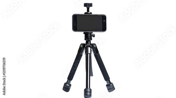 Fototapeta A portable and adjustable tripod with a smartphone mount, displayed against a cleanTransparent background, PNG file . The tripod features adjustable legs and a clip for easy phone attachment.
