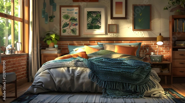Fototapeta Cozy modern bedroom with layered bedding and warm accents