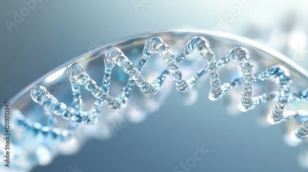 Fototapeta A striking close-up of a DNA model spiraling against a vibrant blue backdrop, showcasing the intricate beauty of genetic architecture and lifeâs blueprint.
