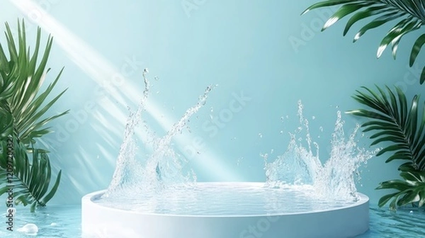 Obraz 3D vector podium background product display stand scene with water splash and palm leaf for beauty cosmetic products presentation mock-up illustration 
