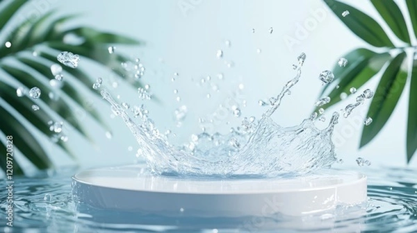 Fototapeta 3D vector podium background product display stand scene with water splash and palm leaf for beauty cosmetic products presentation mock-up illustration 