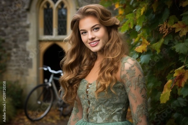 Fototapeta Happy girl in a colorful dress joyfully riding her bicycle, smiling brightly on a sunny day