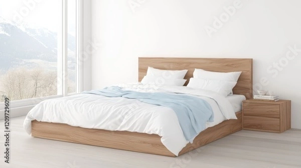 Fototapeta A cozy room features a neatly made bed adorned with a soft blue blanket, creating a tranquil and inviting atmosphere for relaxation.
