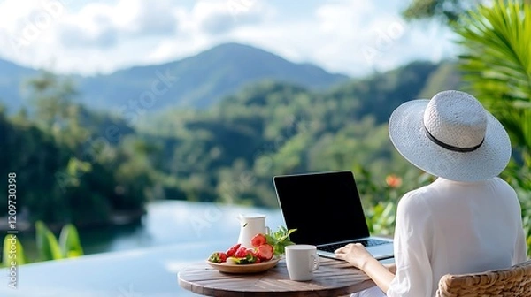 Obraz Woman working remotely by a pool with a mountain view