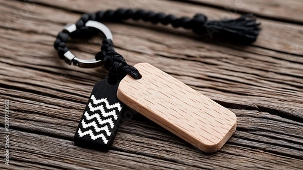 Obraz Wooden and Black Keychain with Wave Pattern