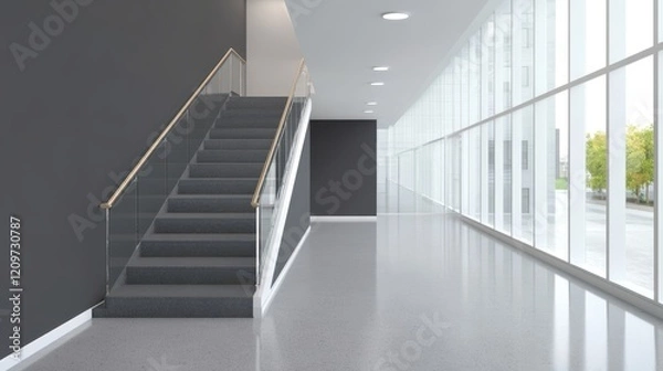 Fototapeta A modern staircase features a sleek design and is complemented by a transparent glass wall, enhancing the building's contemporary aesthetic.