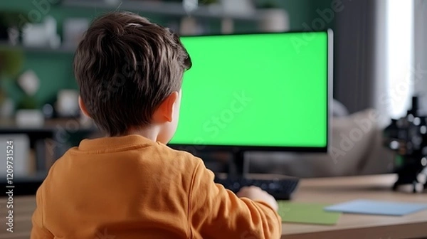 Obraz Young Boy Using Computer with Green Screen