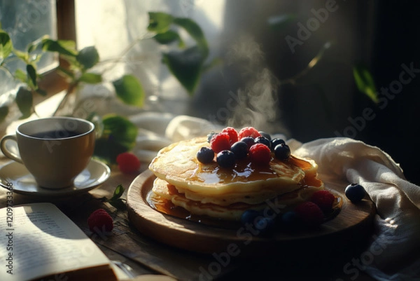 Fototapeta Fluffy pancakes drizzled with golden syrup, topped with fresh berries, accompanied by a steaming cup of coffee, a linen napkin, and a half-open book on a wooden tray, bathed in soft morning light.