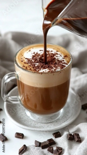 Fototapeta A frothy mocha cappuccino being poured into a glass mug, with chocolate powder dusted on top