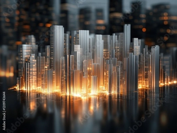 Fototapeta Cityscape of towering buildings constructed with TMT bar set against a dark background highlighting urban development at night