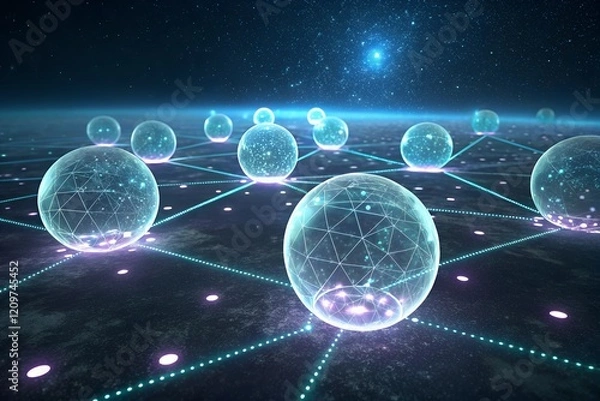 Fototapeta Interconnected Data Orbs Float Across a Cosmic Landscape, a mesmerizing display of digital networks.