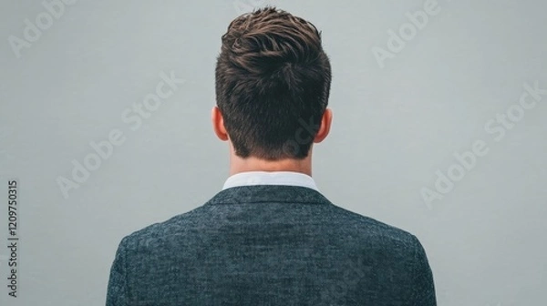Fototapeta Rear View of Businessman: The back of a man in a dark gray suit, his neatly styled hair suggesting professionalism and confidence.  The image evokes a sense of contemplation or leadership.