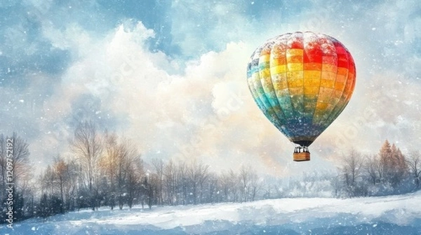 Fototapeta Colorful Hot Air Balloon Soaring Over a Snowy Winter Landscape