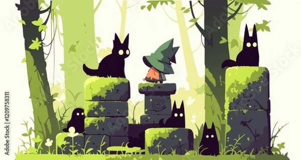 Fototapeta A whimsical forest scene with cats and a wizard