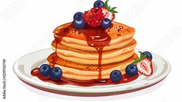 Fototapeta Delicious Pancakes Plate Cartoon Icon with Berries - Sweet Dish for Design