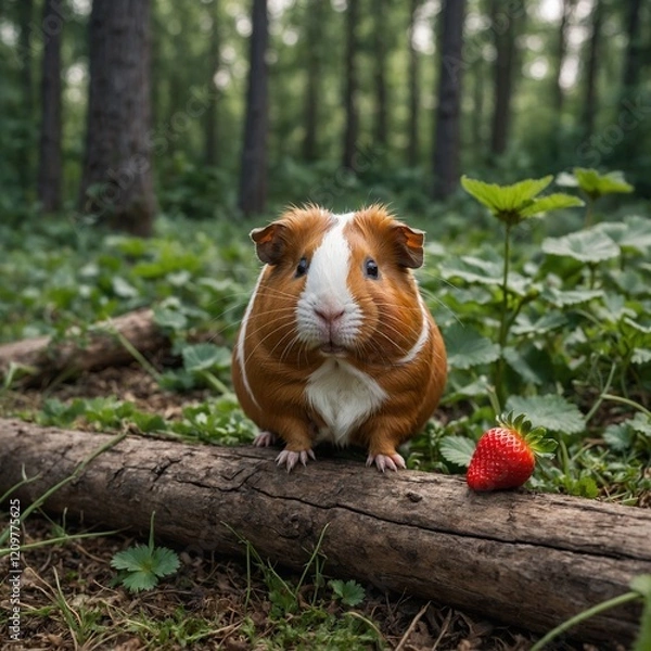 Fototapeta A guinea pig enjoying a strawberry while sitting on a log in a forest glade.