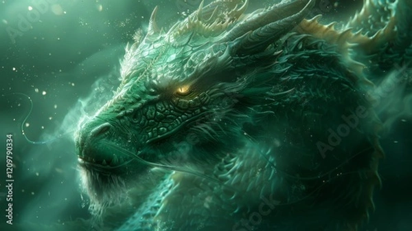 Fototapeta Mythical creatures. emerald dragon with scales shimmering in rays of underwater sunlight. artwork showcases intricate scales, dynamic movement,mysticism, embodying traditional Japanese folklore.