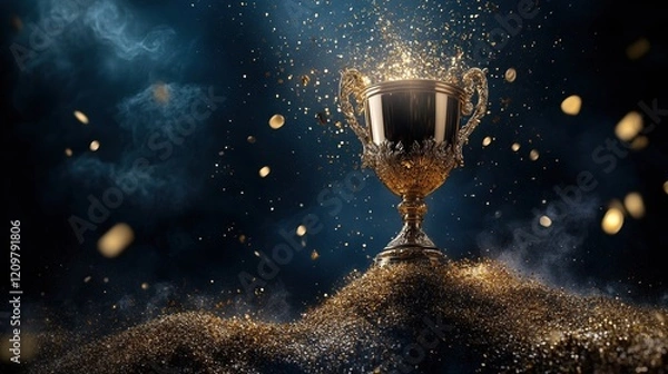 Fototapeta A shining golden trophy on a dramatic dark background with golden particles floating around