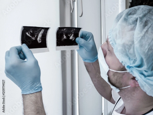 Obraz X-ray adenoma prostate cancer in doctor's hands. The doctor diagnoses an ultrasound of prostate adenoma in a man in the clinic. Urologist studies the disease of the genitourinary system