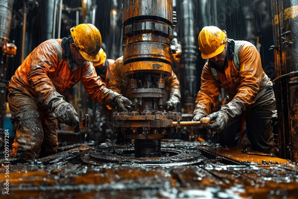 Fototapeta Workers assembling and maintaining drilling equipment on an oil rig