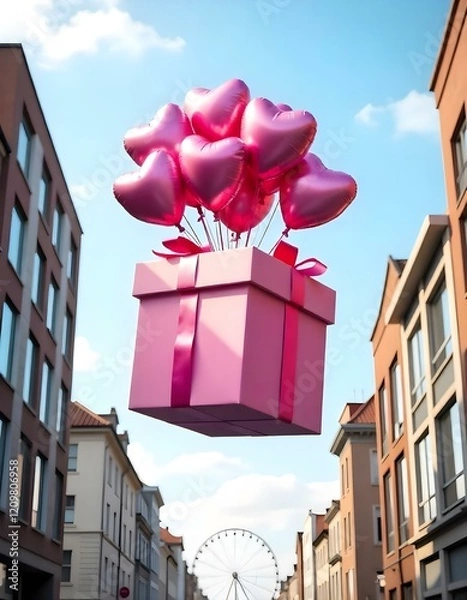 Obraz A large pink gift box is floating in the air, filled with numerous pink heart-shaped balloons . The background features modern buildings on either side, with palm trees and a large Ferris wheel