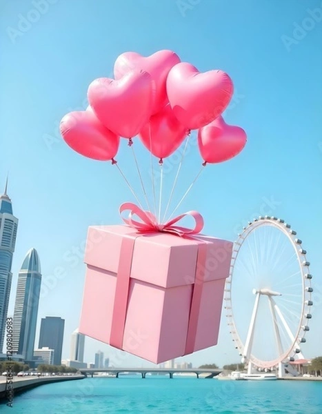 Obraz A large pink gift box is floating in the air, filled with numerous pink heart-shaped balloons . The background features modern buildings on either side, with palm trees and a large Ferris wheel