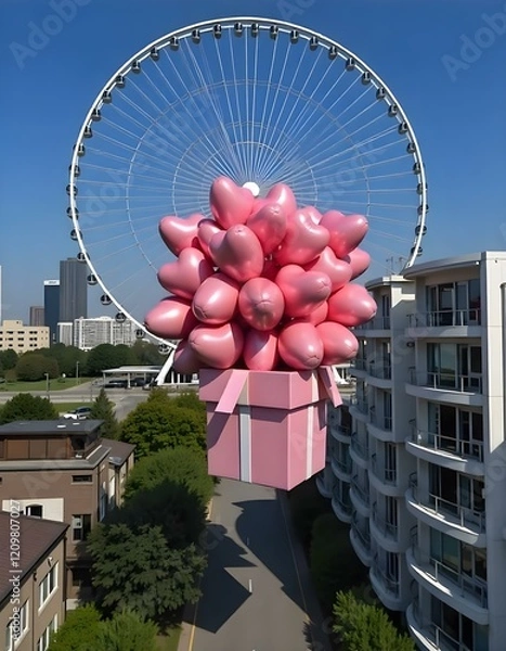 Obraz A large pink gift box is floating in the air, filled with numerous pink heart-shaped balloons . The background features modern buildings on either side, with palm trees and a large Ferris wheel