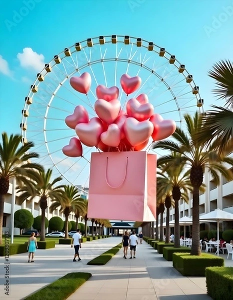 Obraz A large pink gift box is floating in the air, filled with numerous pink heart-shaped balloons . The background features modern buildings on either side, with palm trees and a large Ferris wheel