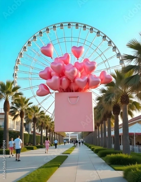 Obraz A large pink gift box is floating in the air, filled with numerous pink heart-shaped balloons . The background features modern buildings on either side, with palm trees and a large Ferris wheel