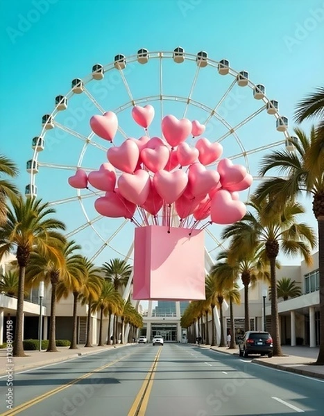 Obraz A large pink gift box is floating in the air, filled with numerous pink heart-shaped balloons . The background features modern buildings on either side, with palm trees and a large Ferris wheel